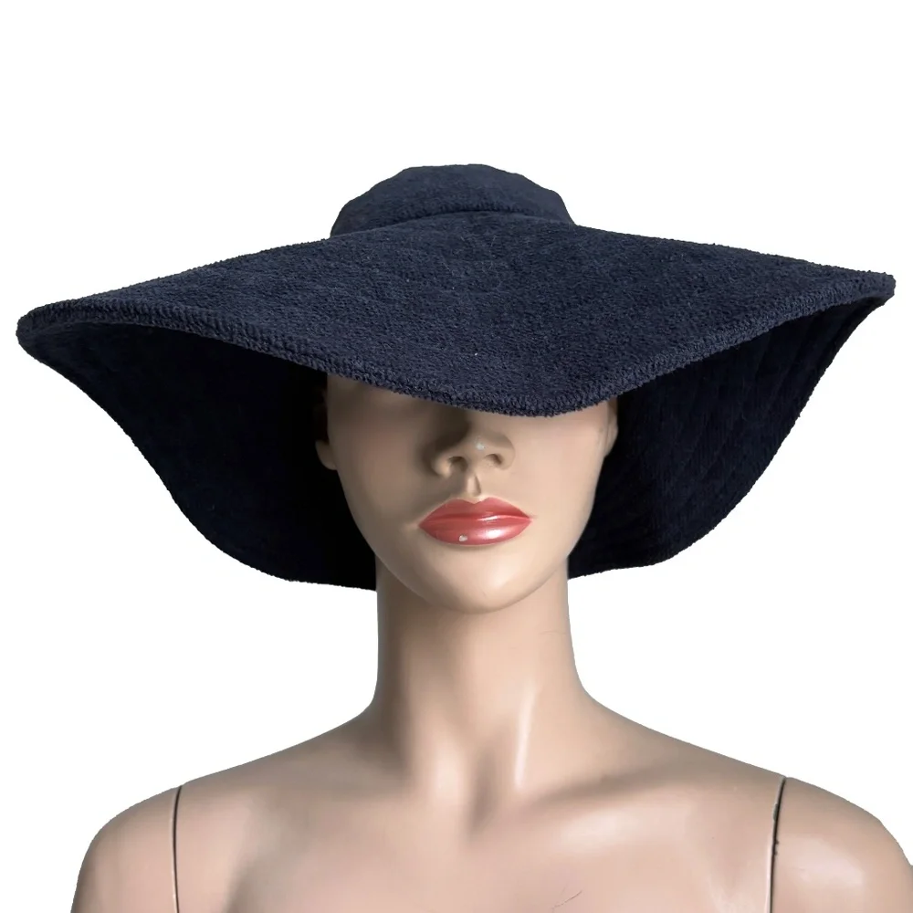 Vintage Norma Kamali for Stetson Hat Wide Brim Floppy Navy Terry Cloth HTF OS